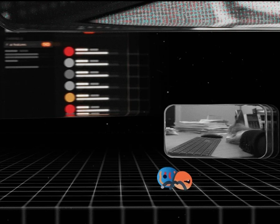 DeepInteractions: floating product screens over a glowing grid floor, with the blue and orange DeepInteractions mascots